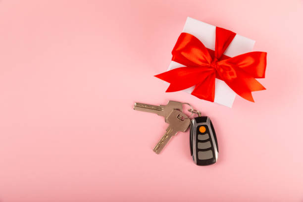 istock Keychain with key ring isolated on a colored background. Concepts for real estate and moving home or renting property. Buying a property. Mock-up keychain.Copy space. 1925481044