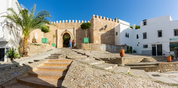 Tangier, Morocco. October 15th, 2022 - Bab el-Assa Portal on Doukkala and Bab -el Assa streets, in the upper part of the kasbah of the medina
