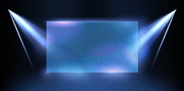 Vector illustration of Stock vector image of a blue LED concave wall video screen glowing