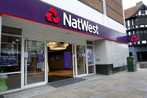 Watford, Hertfordshire, England, UK - January 11th 2024: NatWest bank front entrance, 72 to 74 High Street, Watford