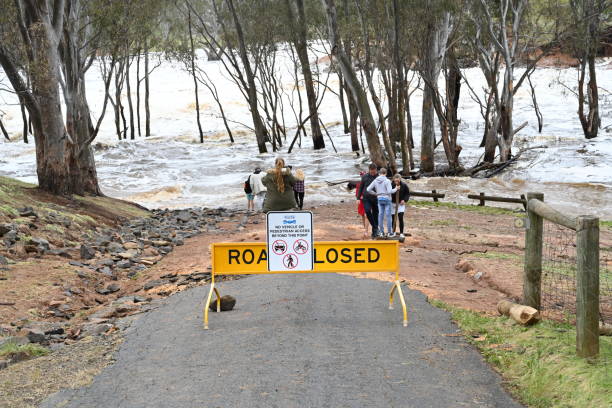 Lake Eppalock dam spillway overflowing into the Campaspe River after extreme heavy rain Victoria Australia. January 12, 2024