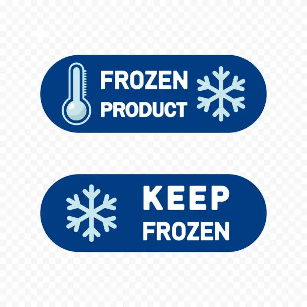 Vector illustration of Frozen food label, packaging and storage, sticker with snowflake and thermometer.