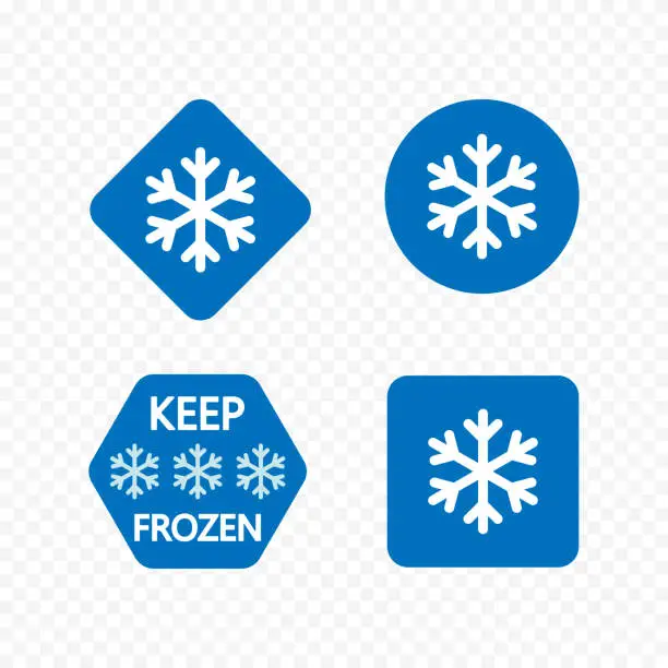 Vector illustration of Frozen food label, packaging and storage, sticker with snowflake and thermometer.