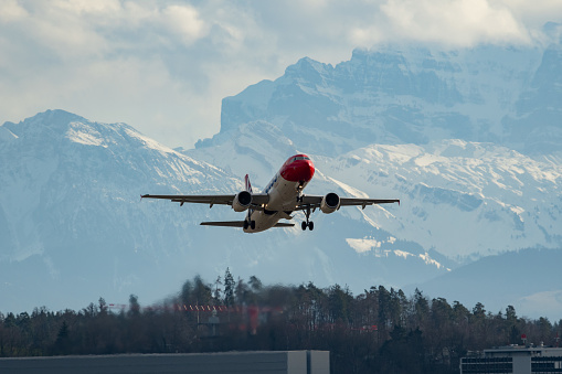 Zurich, Switzerland, January 4, 2024 HB-JJM Edelweiss Air Airbus A320-214 aircraft is departing from runway 32