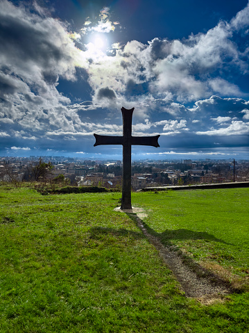hristian cross on hill outdoors at sunrise