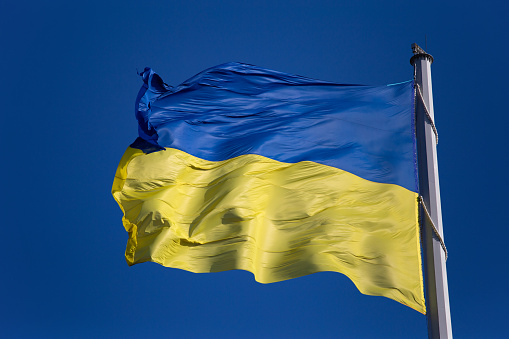 The large Ukrainian flag that flies near the Motherland Monument in Kyiv, Ukraine, photographed on February 22, 2022.