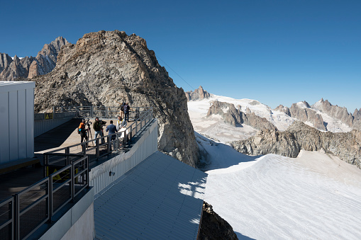 Courtmajeur Italy on October 13, 2023: Skyway Monte Bianco is much more than a cableway to reach 3,466 meters. It's an idea: drawing man closer to the mountain  .  Way to Punta Helbronner in Aosta Valley region of Italy.