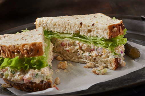 Creamy Chick Pea Salad Sandwich with Vegan Mayo on Whole Grain Bread