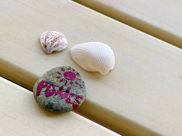 istock rocks, shells, and a rose pattern painted on a piece of wood 1925615350