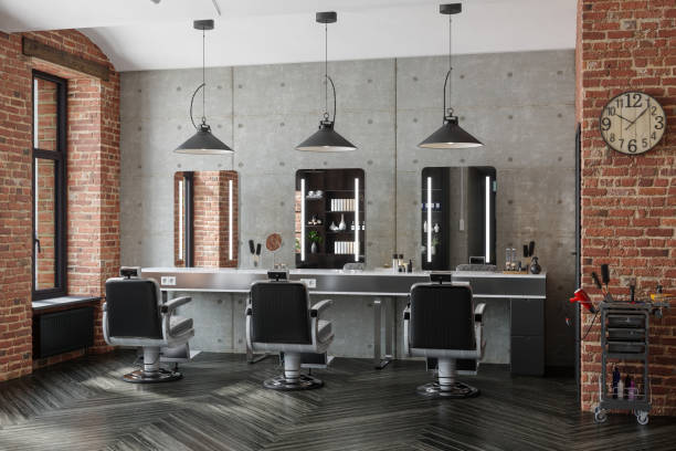 Barber Shop With Mirrors, Chairs, Pendant Lights And Brick Wall