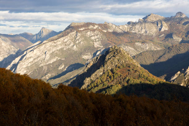 paesaggio del parco nazionale delle vette dell'europa al tramonto con il cielo luminoso di tramonto e la foresta di autunno con le foglie gialle e arancioni variopinte - cantabria picos de europe mountains panoramic asturias foto e immagini stock