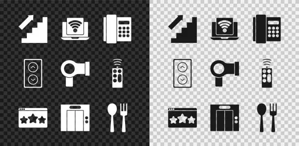 Vector illustration of Set Stairs up, Wireless laptop, Telephone handset, Five stars rating review, Lift, Fork spoon, and Hair dryer icon. Vector