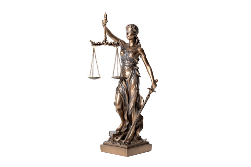 The Statue of Justice, lady justice or Iustitia isolated on white. Legal and law concept