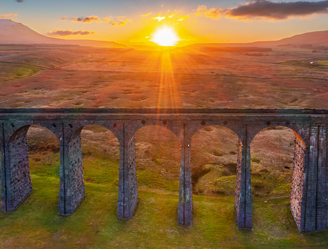 Ribblehead, North Yorkshire. United Kingdom. 01.09.2024 Sunset across Batty Moss and Ribblehead Viaduct. 9th January 2024