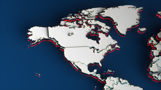 White World Map with North America Continent, Gold Borders and Red Outline on Blue Background. 3D Render Illustration.