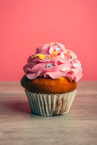 A studio shot of a single cupcake with pink icing on a pink background.