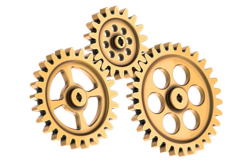 Golden cogs and gear wheel mechanisms, 3D rendering isolated on white background