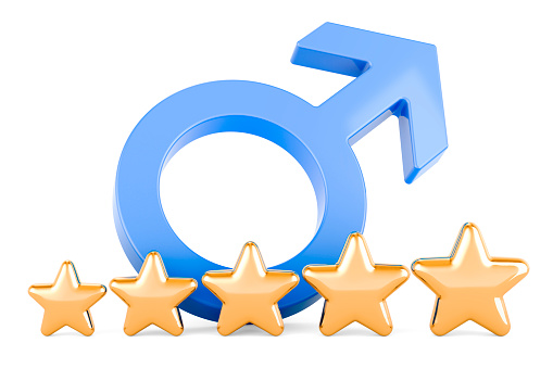 Male gender symbol with five golden stars. 3D rendering isolated on white background