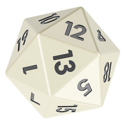 White twenty sided die, icosahedron dice. 3D rendering isolated on white background