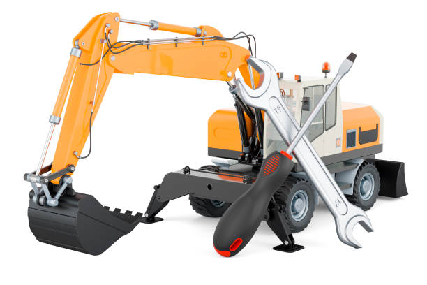 istock Excavator with screwdriver and wrench, 3D rendering 1925718467