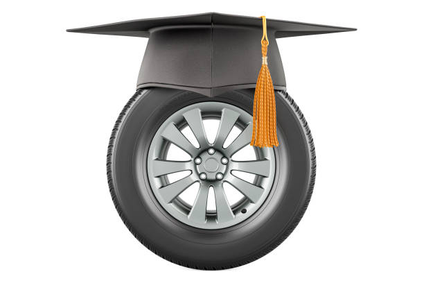 driving school. car wheel with graduation cap. 3d rendering - university graduation car student imagens e fotografias de stock