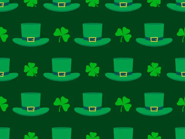 Vector illustration of Seamless pattern with clover leaves and Leprechaun hat. Happy St. Patrick's Day. Four-leaf and three-leaf clovers are green. Background for wallpaper and banner. Vector illustration