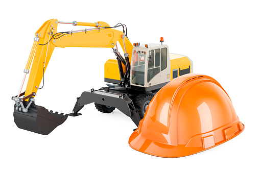 Excavator with construction hardhat, 3D rendering isolated on white background