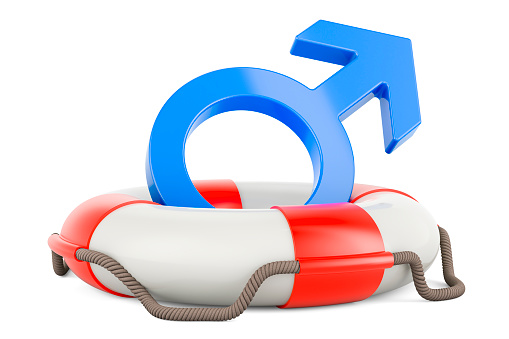 Male gender symbol with lifebuoy. 3D rendering isolated on white background