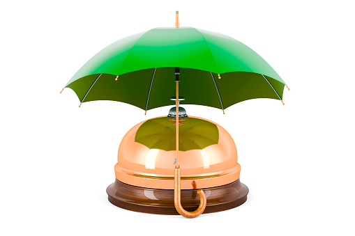 Reception bell under umbrella, 3D rendering isolated on white background