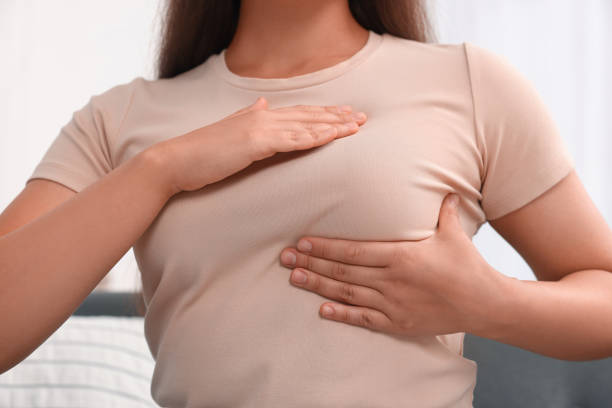 istock Woman doing breast self-examination at home, closeup 1925746126