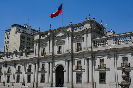 landscape of the historic center of the city of Santiago de Chile with streets and buildings. La Moneda Palace