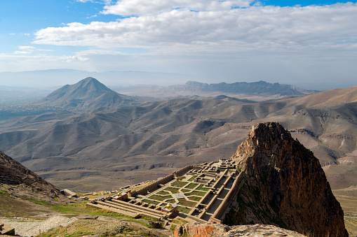 Khanagah, Julfa Region, Nakhchivan Autonomous Republic, Azerbaijan: Alinja fortress / tower (Əlincə qalası) with mountains in the horizon - medieval fortress on a mountain top, over the Alinja River - established by the Armenians of Syunik, it was later taken by Arab and Turkic invaders.