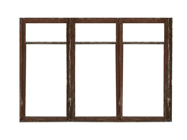 istock Old big brown wooden window frame with six sashes isolated on white background. 1925762024