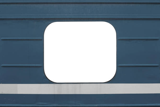 istock Empty window with copyspace on a gray blue passenger car of a train with a white stripe below. 1925762993