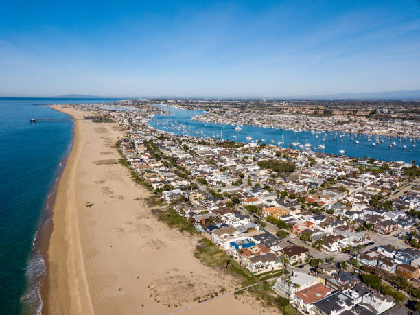 aerial view of newport beach, california - newport beach california orange county house stock-fotos und bilder