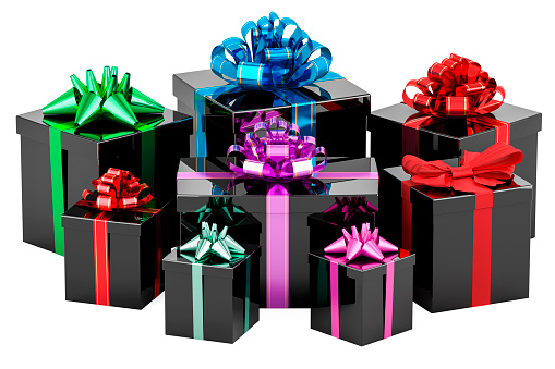 Black Gift Boxes with Colored Red Bow and Ribbons, 3D rendering isolated on white background