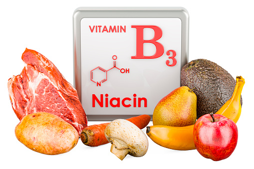 Products containing Vitamin B3, Niacin. 3D rendering isolated on white background