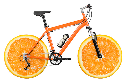 Bicycle With Orange Slices Wheels, 3D rendering isolated on white background