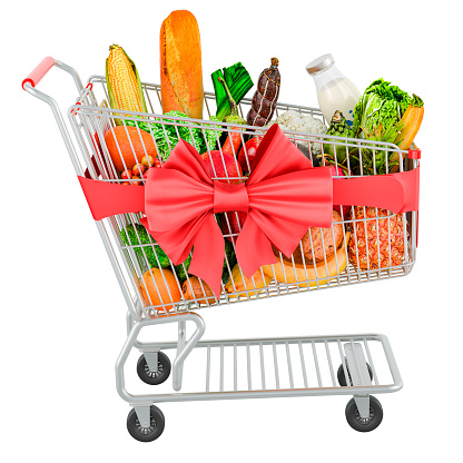 Shopping cart with red bow and ribbon full of grocery products, fruits and vegetables. 3D rendering isolated on white background
