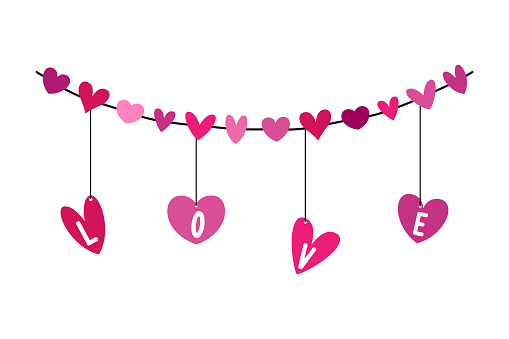 Cute hearts hanging on a rope. Colored silhouette. Horizontal front view. Vector simple flat graphic illustration. Isolated object on a white background. Isolate.