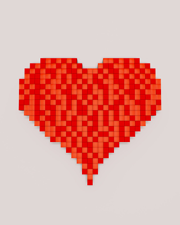 Red pixel cube love heart valentine day romance romantic gray background 3d illustration render digital rendering
