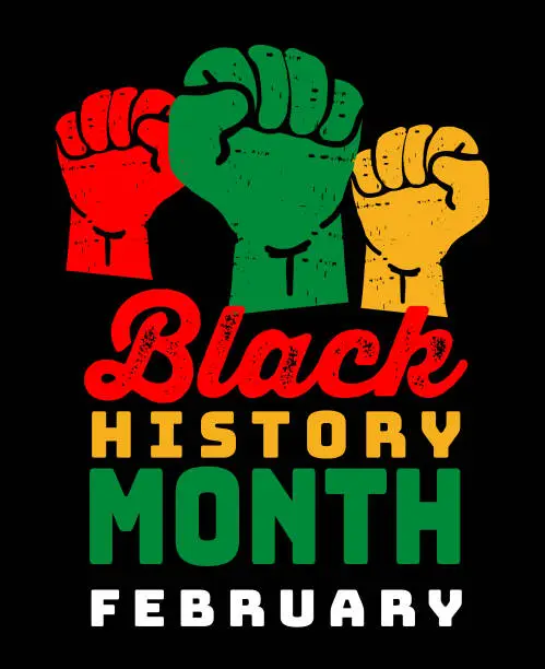 Vector illustration of Black History Month February concept with protest fists. Banner template design, poster with text