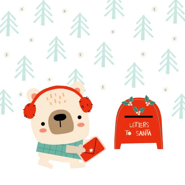 Vector illustration of Cute polar bear in headphones carries a letter for Santa.