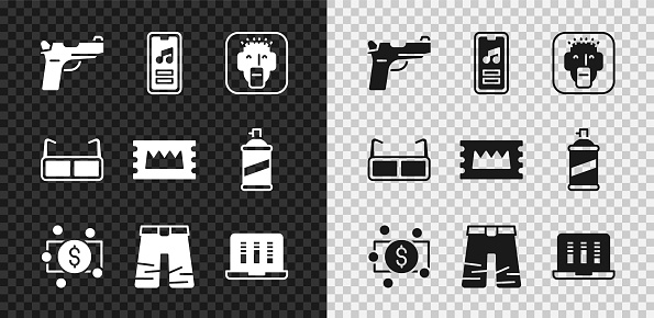 Set Pistol or gun Music player Rapper Stacks paper money cash Wide pants Sound audio recorder Glasses and Concert ticket icon. Vector.