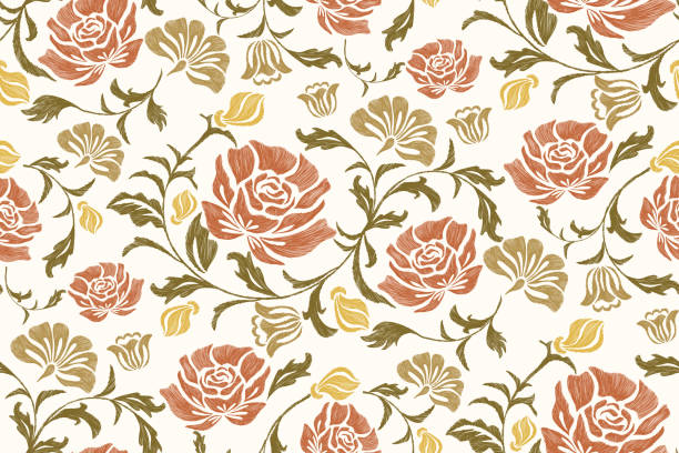Rose Floral pattern vintage baroque style Europe. Rose embroidery motifs batik background border print template Ikat hand draw vector illustration on white background.