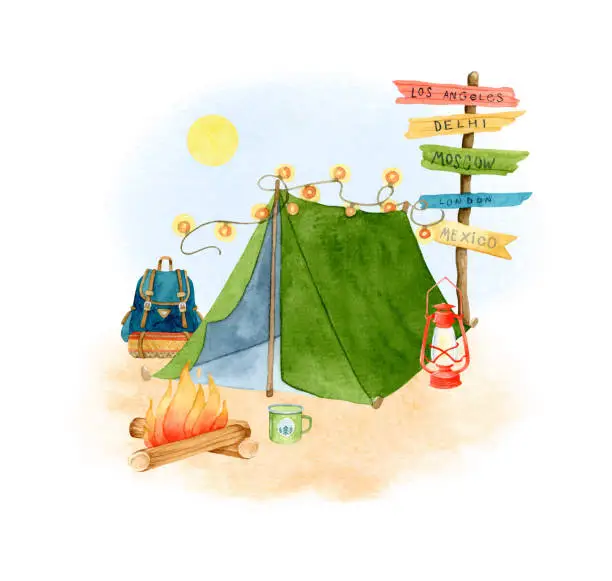 Vector illustration of Camping tent, backpack, fire and lantern watercolor illustration card isolated