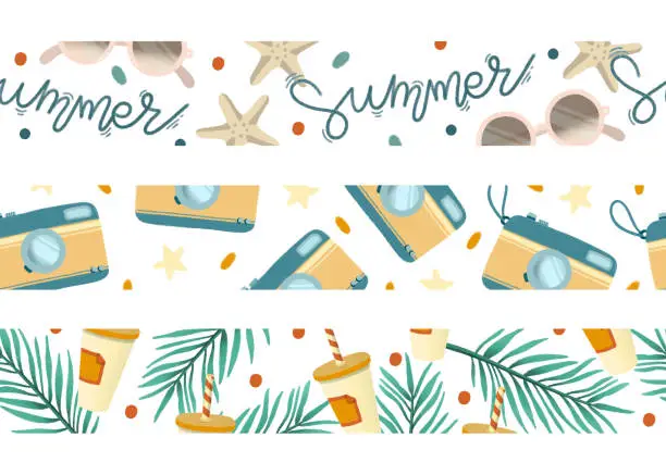 Vector illustration of Tropical summer vacation seamless borders set