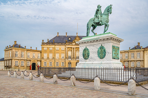 An equestrian statue of King Frederick V of Denmark in the center of Amalienborg Square, Copenhagen.