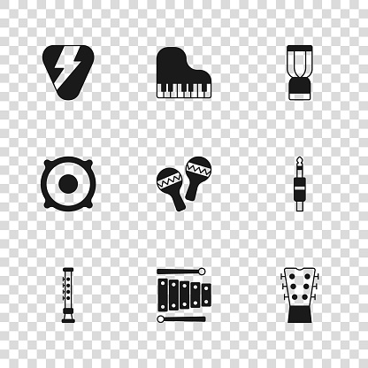 Set Xylophone Audio jack Guitar neck Maracas African djembe drum pick Grand piano and Stereo speaker icon. Vector.