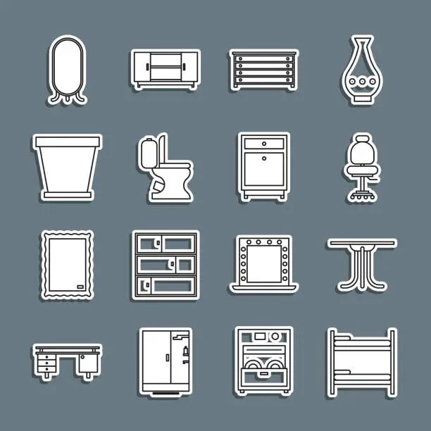 Vector illustration of Set line Bunk bed, Round table, Office chair, Chest of drawers, Toilet bowl, Flower pot, Big full length mirror and Furniture nightstand icon. Vector